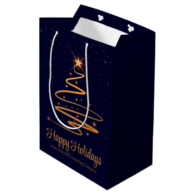 Elegant Navy Blue Gold Christmas Tree Custom Medium Gift Bag (Back Angled)