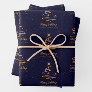 Elegant Navy Blue Gold Christmas Tree Custom Wrapping Paper Sheet