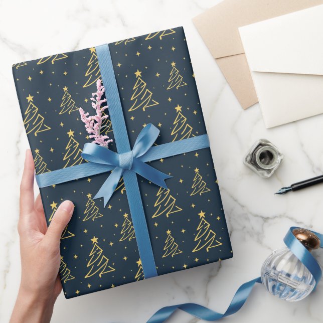 Elegant Navy Blue Gold Christmas Tree Pattern Wrapping Paper (Gifting)
