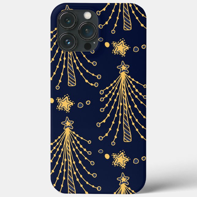 Elegant Navy Blue Gold Christmas Tree Star Pattern Case-Mate iPhone Case (Back)