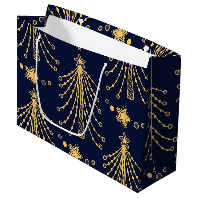 Elegant Navy Blue Gold Christmas Tree Star Pattern Large Gift Bag (Front Angled)