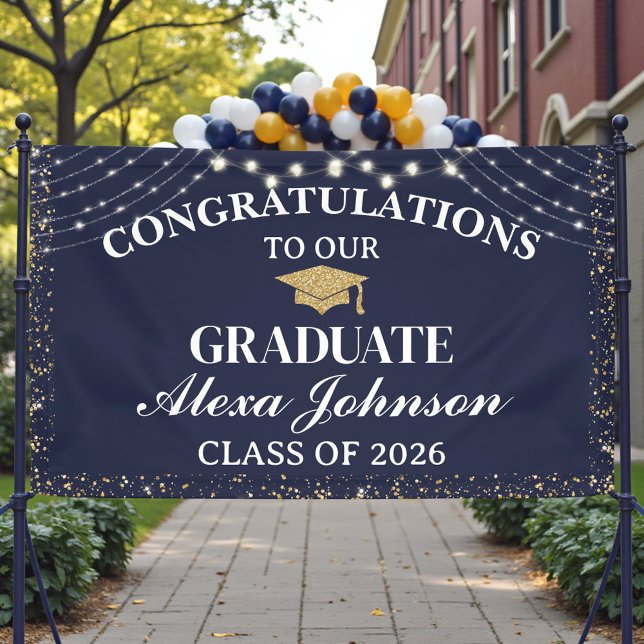 Elegant Navy Blue Gold Class Of 2026 Graduation Banner (Creator Uploaded)