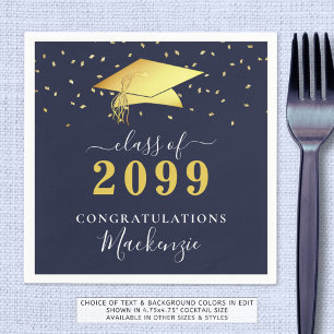 Elegant Navy Blue Gold Confetti Script Graduation Napkin