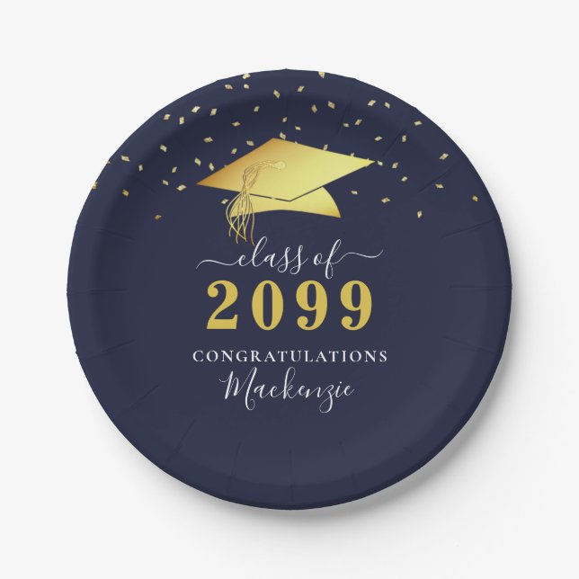 Elegant Navy Blue Gold Confetti Script Graduation Paper Plate (Front)
