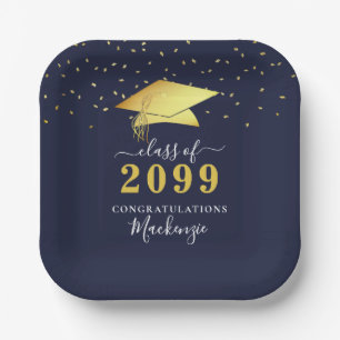 Elegant Navy Blue Gold Confetti Script Graduation Paper Plate