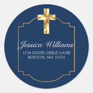 Elegant Navy Blue Gold Cross 1st Communion Classic Round Sticker
