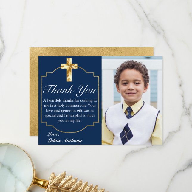 Elegant Navy Blue Gold Cross 1st Communion Thank You Card (Front/Back In Situ)