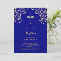 Elegant Navy Blue Gold Cross Baptism Invitation