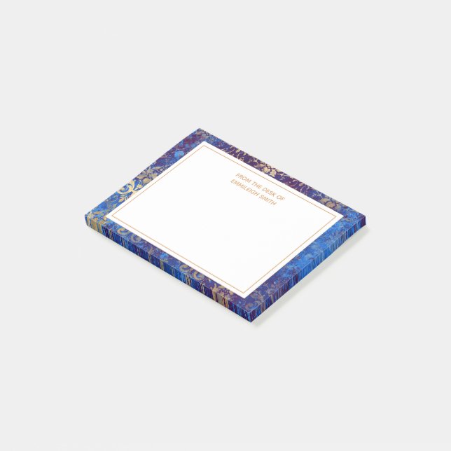 Elegant Navy Blue Gold Damask From Desk Of Post-it Notes (Angled)