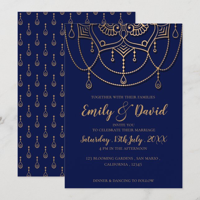 Elegant Navy Blue Gold Design Pattern Wedding Invitation (Front/Back)