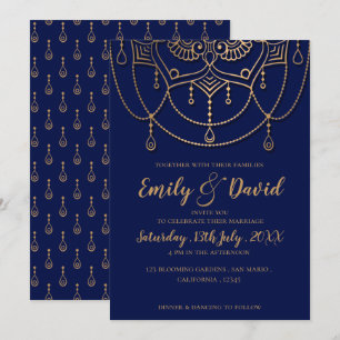 Elegant Navy Blue Gold Design Pattern Wedding Invitation