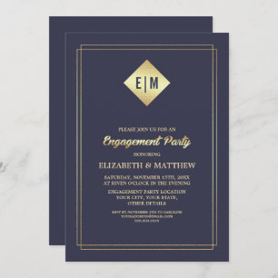 Elegant Navy Blue   Gold Engagement Party  Invitation