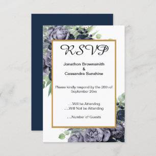 ELEGANT NAVY  BLUE GOLD EUCALYPTUS ROSE  RSVP INVITATION