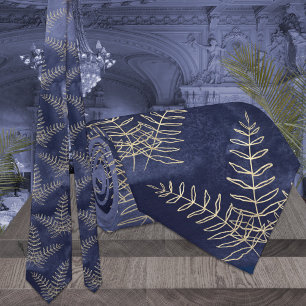 Elegant Navy Blue & Gold Fern Leaf Wedding Tie