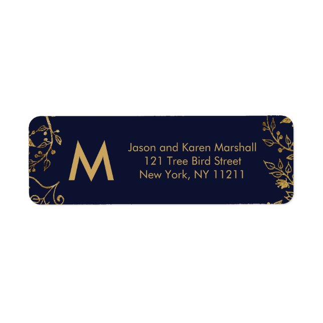 Elegant Navy Blue Gold Floral Address (Front)