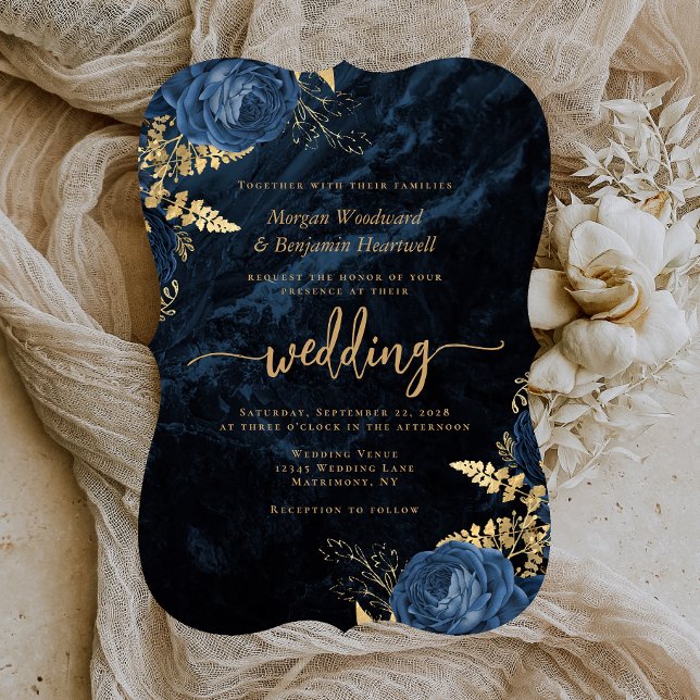 Elegant Navy Blue Gold Floral Bracket Wedding Invitation (Creator Uploaded)