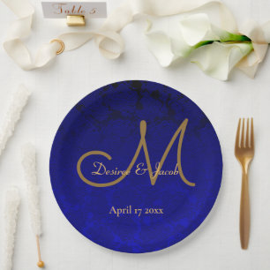 Elegant Navy Blue Gold Floral Monogram Paper Plate
