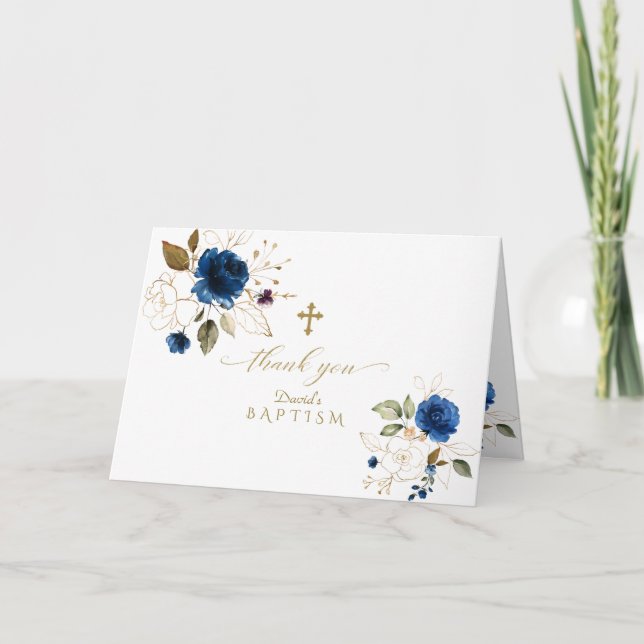 Elegant Navy Blue Gold Floral Photo Boy Baptism Thank You Card (Front)