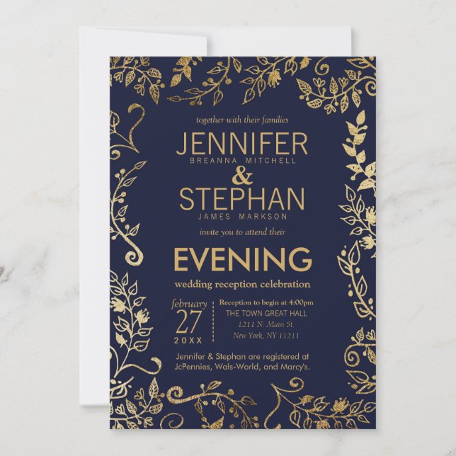 Elegant Navy Blue Gold Floral Reception Invitation (Front)