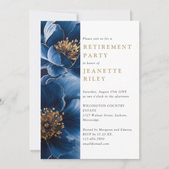 Elegant Navy Blue Gold Floral Retirement Party Invitation (Front)