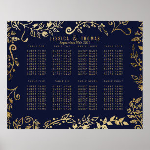 Elegant Navy Blue Gold Floral Seating Chart