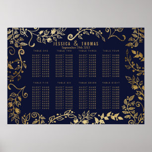Elegant Navy Blue Gold Floral Seating Chart