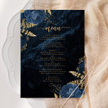 Elegant Navy Blue Gold Floral Wedding Invitation<br><div class="desc">This elegant wedding menu features blue floral bouquets set off with gold faux foil greenery in two corners,  on a background image of navy blue watercolor agate. The customisable text combines gold-coloured serif and handwriting fonts. The reverse side features a matching navy blue and gold floral and agate design.</div>