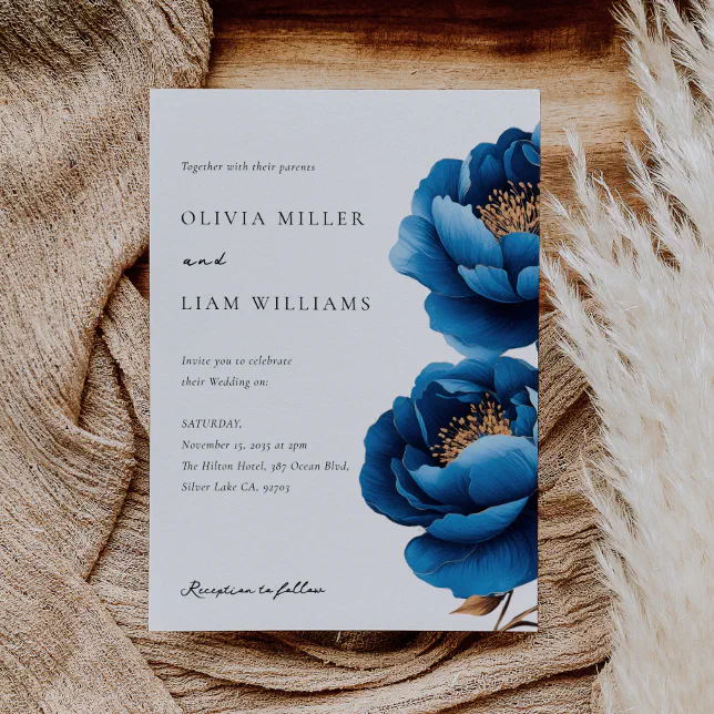 Elegant Navy Blue Gold Floral Wedding Invitation | Zazzle