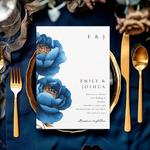 Elegant Navy Blue Gold Floral Wedding Invitation