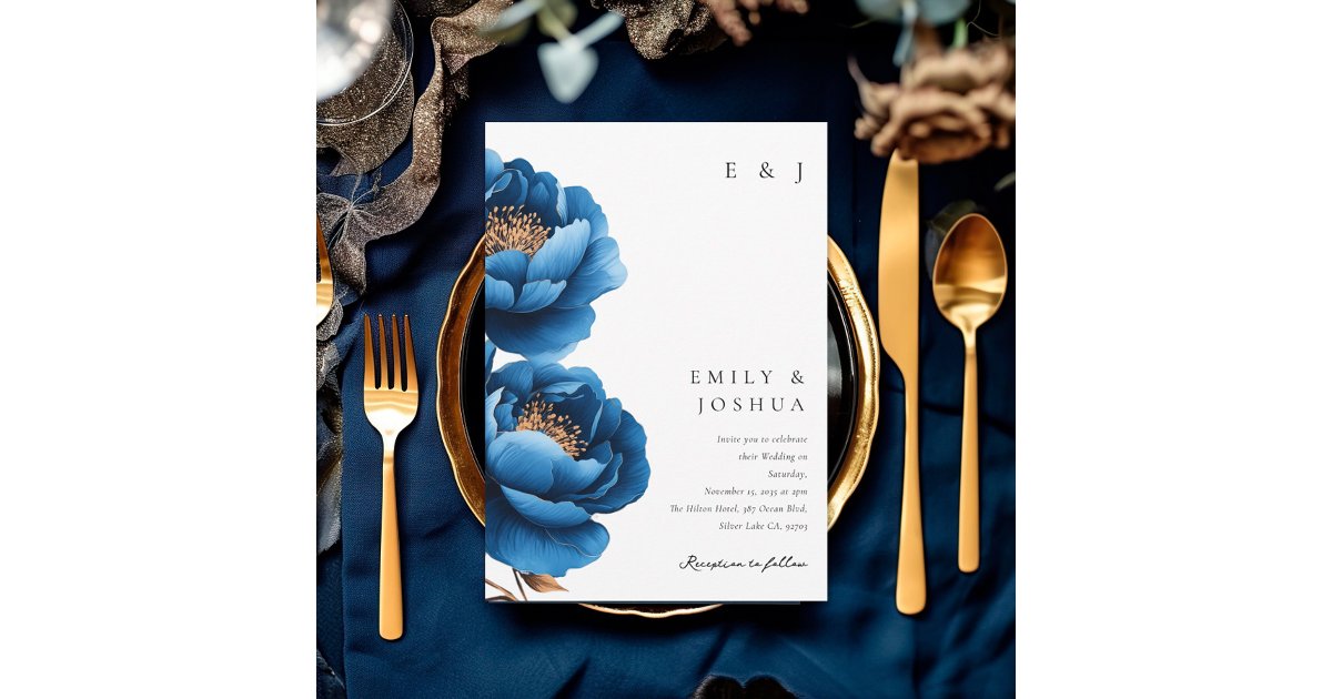 Elegant Navy Blue Gold Floral Wedding Invitation | Zazzle