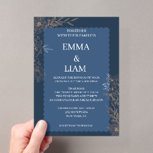 Elegant Navy Blue Gold Floral Wedding Invitation