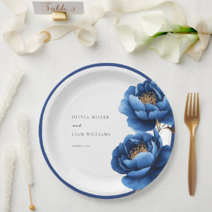 Elegant Navy Blue Gold Floral Wedding Paper Plate