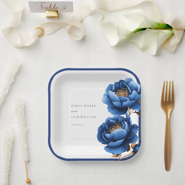 Elegant Navy Blue Gold Floral Wedding Paper Plate (Wedding)