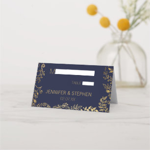 Elegant Navy Blue Gold Floral Wedding Place Card