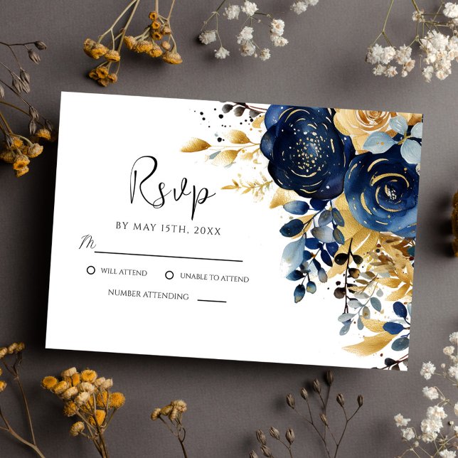 Elegant Navy Blue Gold Floral Wedding RSVP Card (Elegant Navy Blue Gold Floral Wedding RSVP Card)