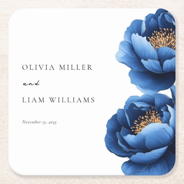Elegant Navy Blue Gold Floral Wedding Square Paper Coaster (Front)