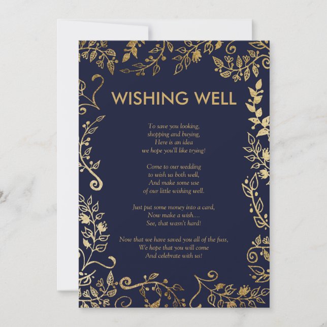 Elegant Navy Blue Gold Floral Wishing Well Invitation (Front)
