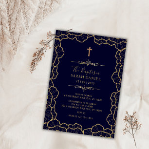 Elegant Navy Blue Gold Flower Cross Baptism Invitation