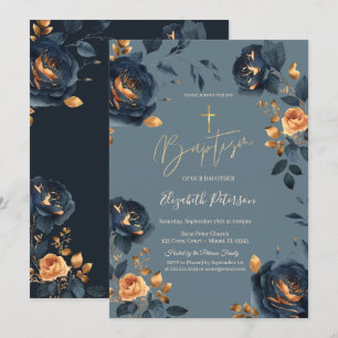 Elegant Navy Blue Gold Flowers Baptism  Invitation