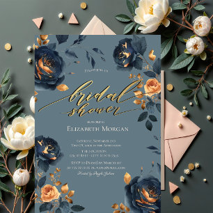 Elegant Navy Blue Gold Flowers Bridal Shower Invitation