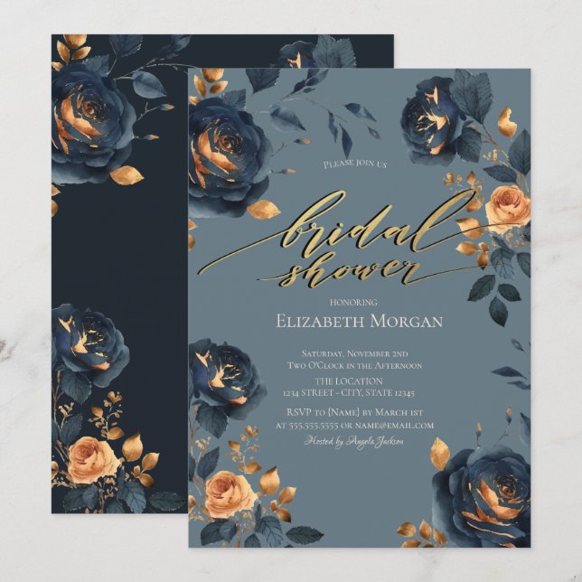 Elegant Navy Blue Gold Flowers Bridal Shower  Invitation (Front/Back)