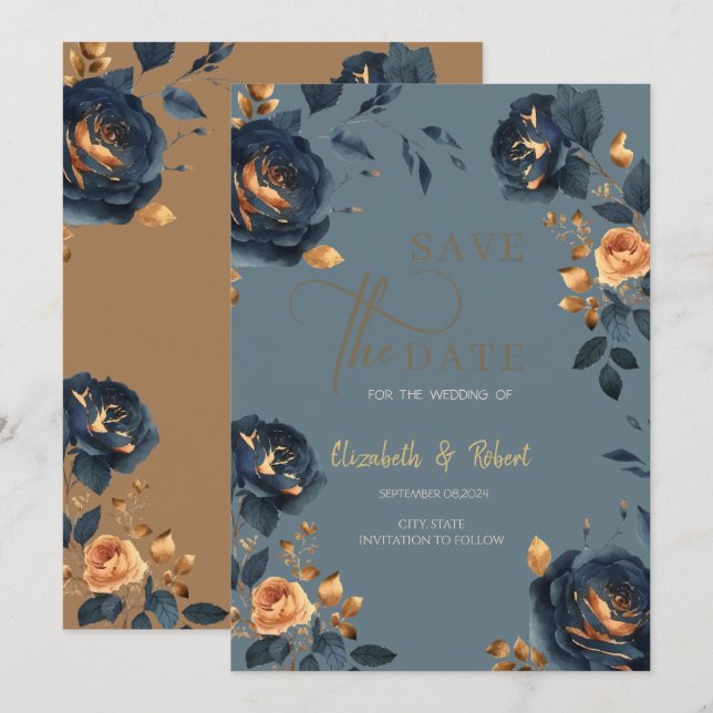 Elegant Navy Blue Gold Flowers Save The Date  (Front/Back)