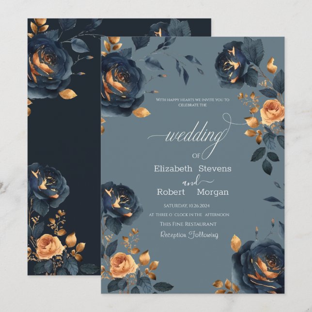 Elegant Navy Blue Gold Flowers Wedding Invitation (Front/Back)
