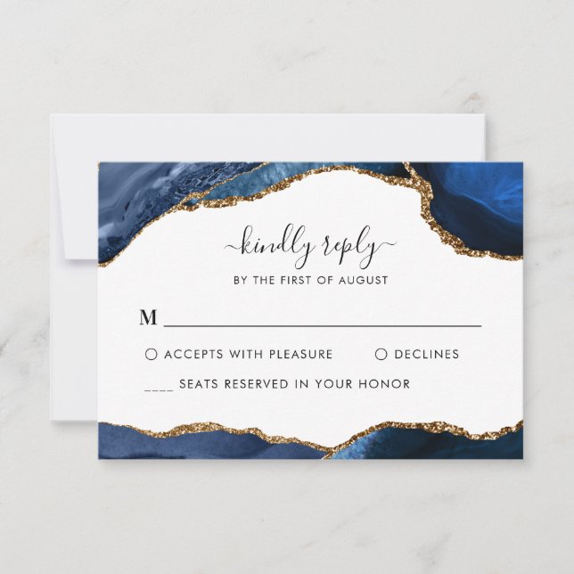 Elegant Navy Blue Gold Foil Agate Gemstone Wedding RSVP Card (Front)