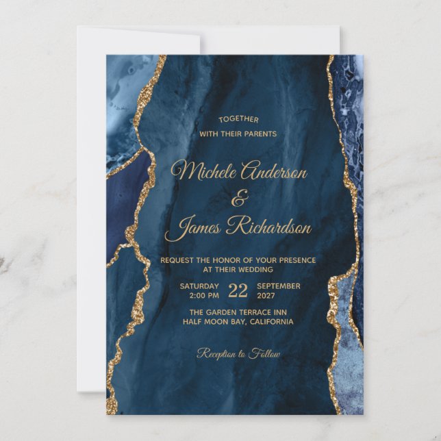 Elegant Navy Blue Gold Foil Agate Wedding Invitation (Front)
