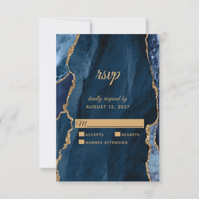 Elegant Navy Blue Gold Foil Agate Wedding RSVP Card (Front)