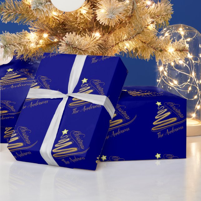 Elegant Navy Blue Gold Foil Christmas Tree Wrapping Paper (Holidays)
