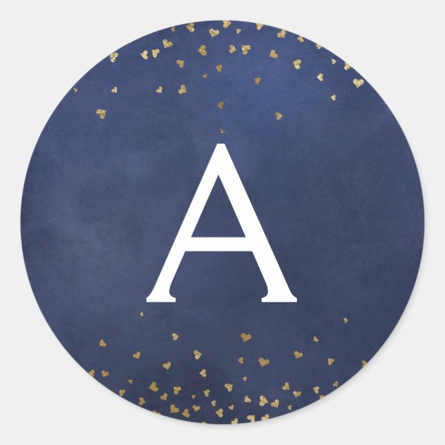 Elegant Navy Blue - Gold Foil Confetti Monogram Classic Round Sticker (Front)