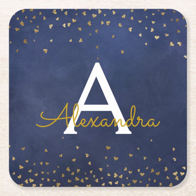 Elegant Navy Blue - Gold Foil Confetti Monogram Square Paper Coaster (Front)