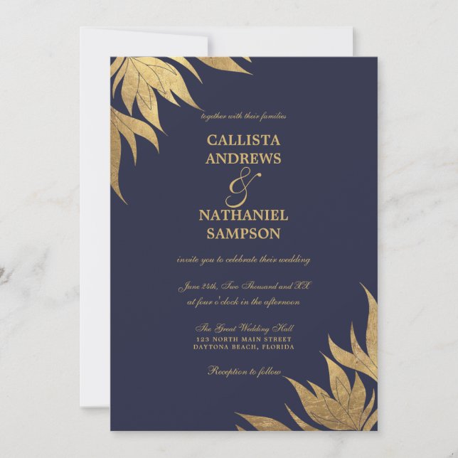 Elegant Navy Blue Gold Foil Foliage Leaves Wedding Invitation (Front)